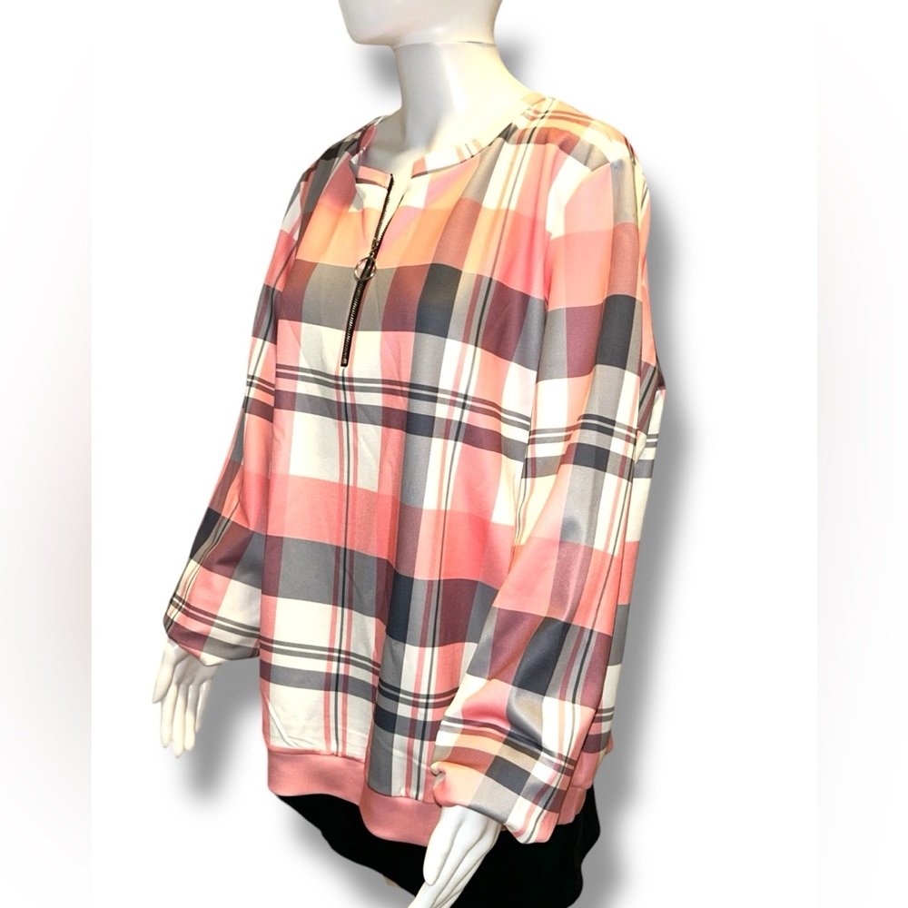 NWOT Quarter Zip, Pink and Gray Plaid Pullover, 2XL